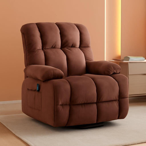 Recliner Chair, Swivel Rocker Recliner with Cup Holders, Heat and Massage, Fabric Recliners Sofa for Living Room (Brown)