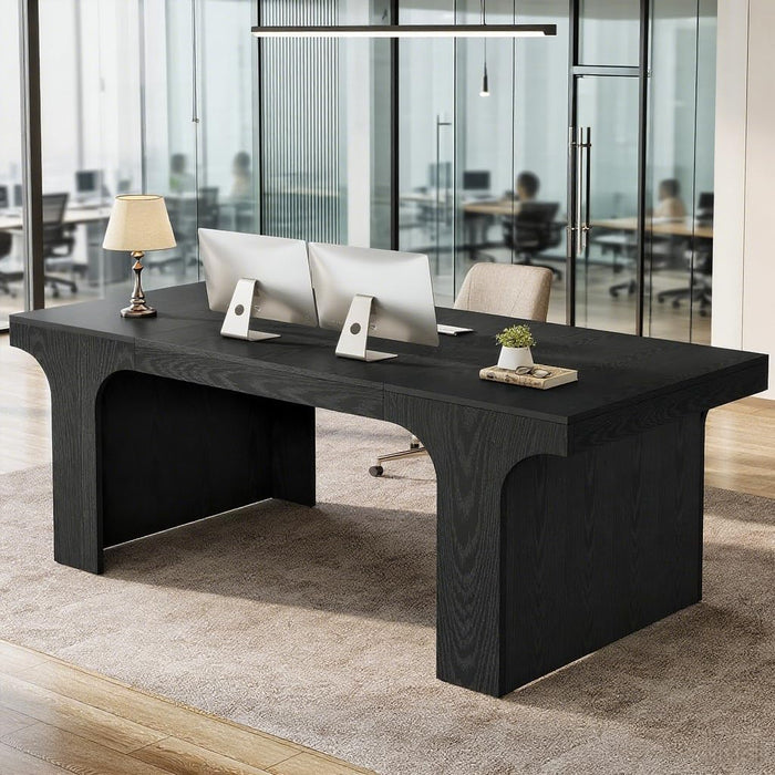 70.9-Inch Executive Desk, Large Wooden Computer Office Desk, Modern Writing Table Business Workspace Home Office Furniture with Arched Design, Black
