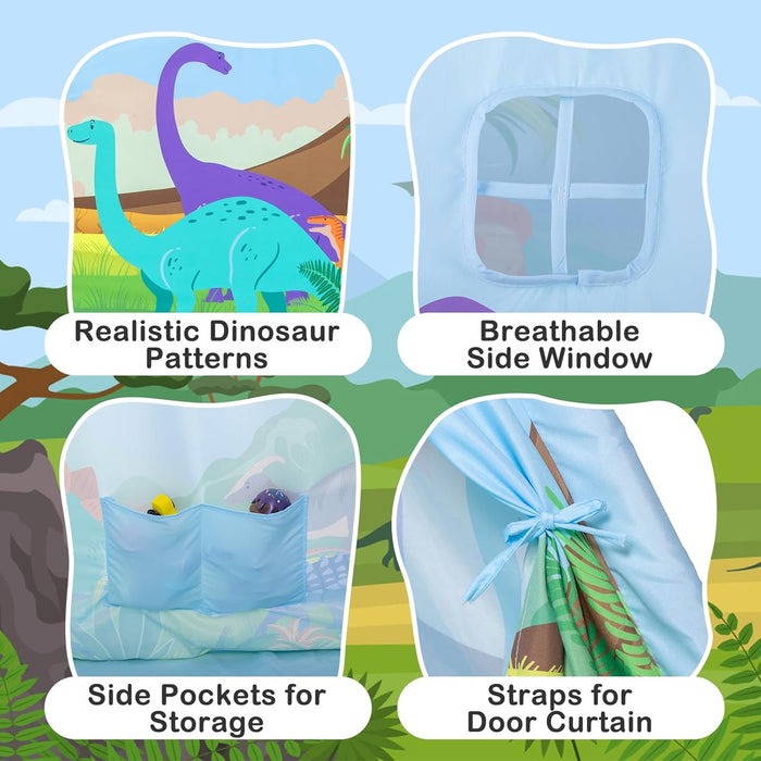 Teepee Tent for Kids, Toddlers Dinosaur Play Tent with LED String Lights, Foldable Children Teepee Tent Toy W/Storage Bag, Indoor Outdoor Pretend Playhouse Gift for Boys Girls Ages 3+