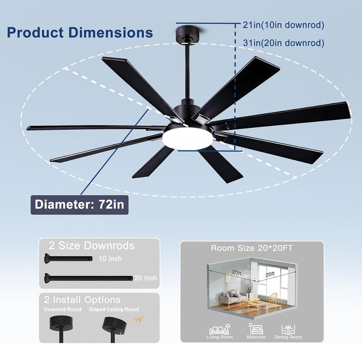 72In Indoor Outdoor Ceiling Fan,Composite Wood Blades Quiet DC Motor Remote