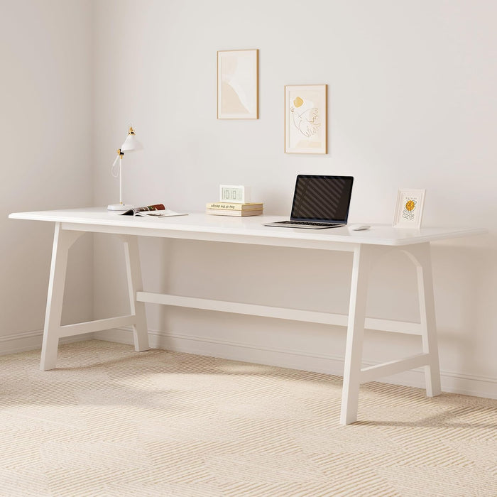 Solid Wood Writing Table - 72" W Minimalist Long Computer Desk, White