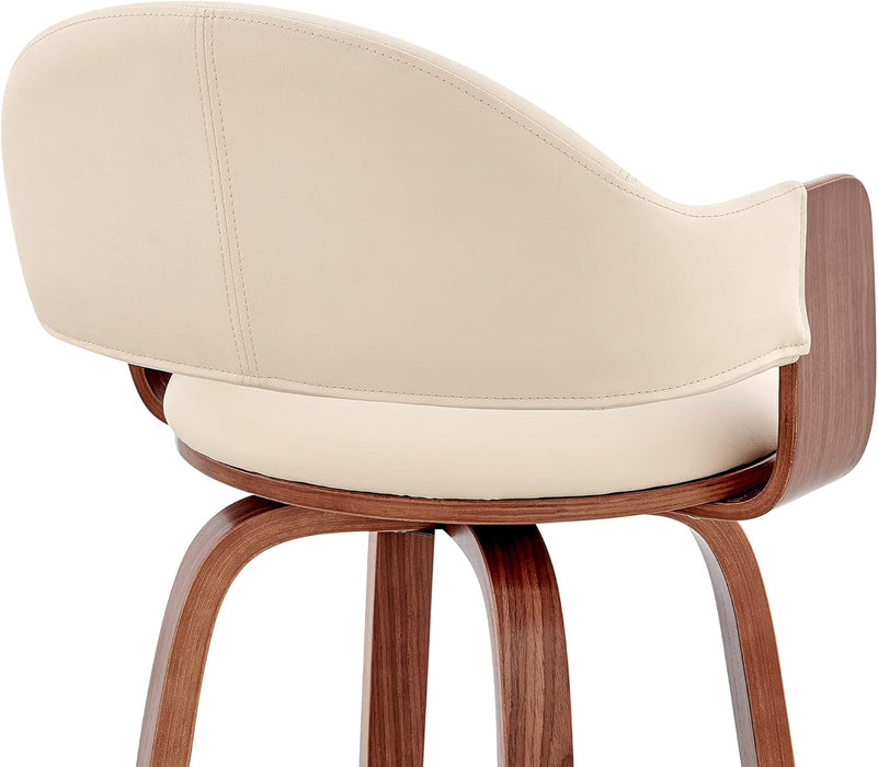 Daxton Mid Century Modern Swivel Bar Stool for Kitchen Island Counter in Cream Faux Leather and Walnut Wood, 30" Seat Height