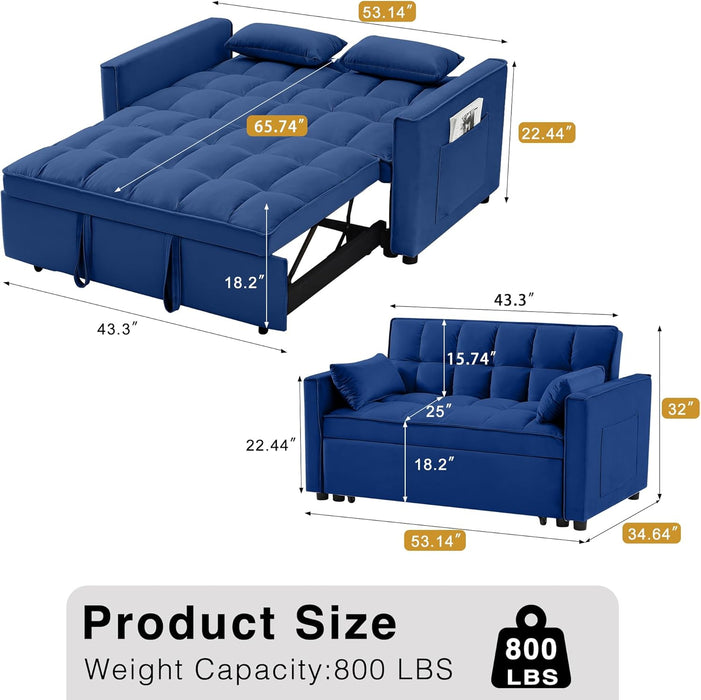 3 in 1 Convertible Sleeper Sofa Bed, Futon Couches for Living Room with Side Pocket | Adjustable Backrest| Velvet Fabric | Pull Out Couch | Recliner Loveseat | Sectional Sofa, Blue