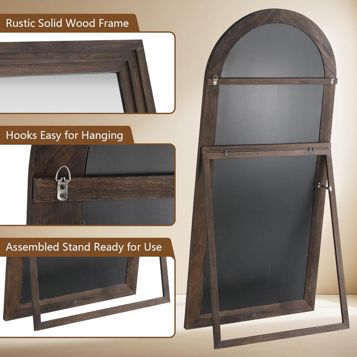 Arched Full Length Mirror with Solid Wood Frame, 71"X32" Rustic Farmhouse Large Floor Mirror with Stand, Free Standing Leaning Hanging, for Bedroom Living Room Dressing Room Entryway, Brown