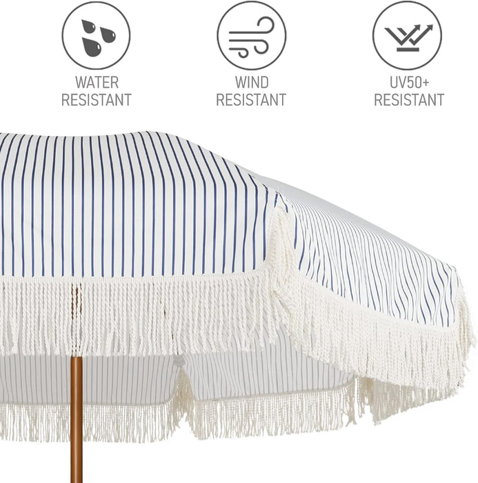 7Ft Patio Umbrella with Fringe Outdoor Tassel Umbrella UPF50+ Premium Steel Pole and Ribs Push Button Tilt, Navy Blue Stripes