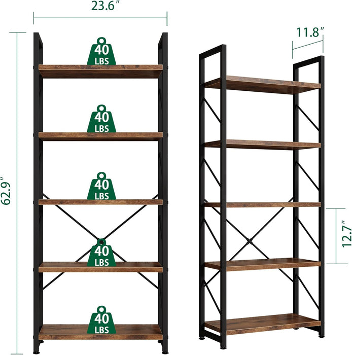 5 Tiers Bookshelf, Classically Tall Bookcase Shelf, Industrial Book Rack, Modern Book Holder in Bedroom/Living Room/Home/Office, Storage Rack Shelves for Book, Brown