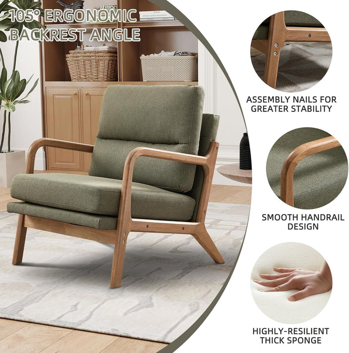 Mid Century Modern Accent Chair, Linen Fabric Upholstered Lounge Arm Chair with Solid Wood Frame and Soft Cushion for Living Room, Bedroom, Balcony (1, Green)