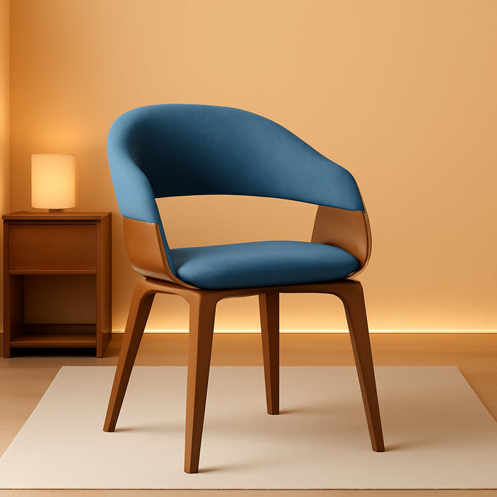 Lowell 17 Inch Mid Century Modern Bentwood Dining Chair in Blue Linen Look Fabric, for the Dining Room