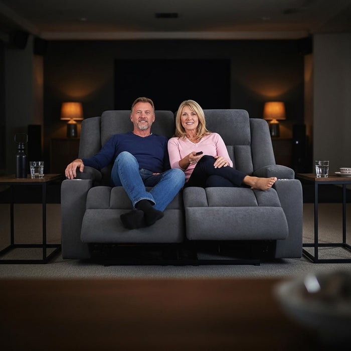 Recliner Loveseat Sofa with Cup Holders, 2-Seater Fabric Reclining Couch, Manual Recliner Wall Hugger for Living Room, Small Spaces, Home Theater (Dark Gray)