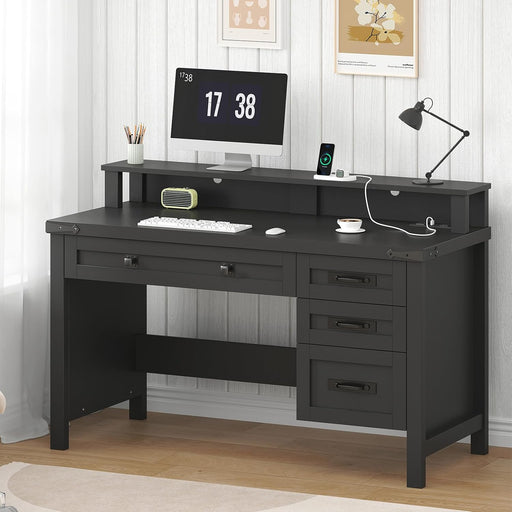 Farmhouse Computer Desk with Drawers, 47" Small Computer Desk with Power Outlets, Home Office Desk with Monitor Stand & 4 Drawers, Writing Study Table, Black