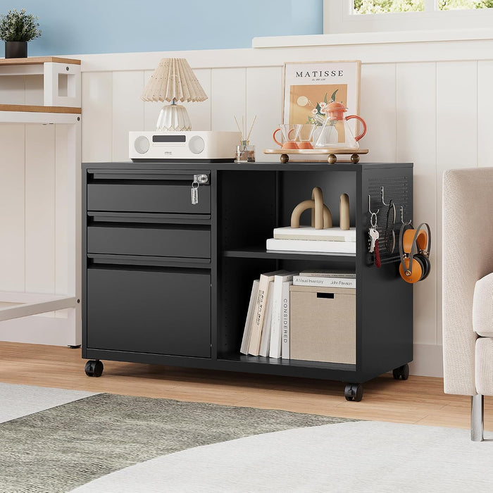 3 Drawer File Cabinet with Lock, Metal Lateral Rolling Printer Stand Office Storage Filing Cabinets for Home Office,A4, Letter,File Folders(Black)