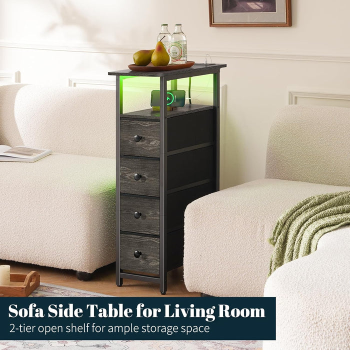 Narrow Dresser for Bedroom, LED Skinny Nightstand with Charging Station, Small Dresser Night Stand, Slim Tall Bedside Table Storage Cabinet, Narrow Side Table for Small Spaces