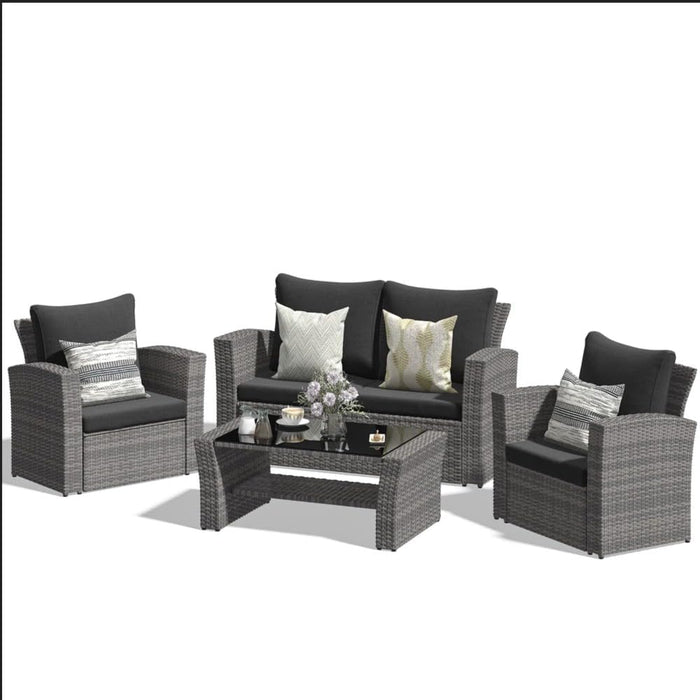 Wicker Patio Conversation Set with Tempered Glass Table and Outdoor Cushions for Backyard Living