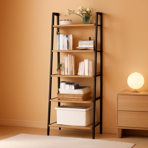 Ladder Shelf, Bookshelf, Freestanding Corner Storage Shelf | Bookcase with 2 Hooks for Office, Living Room, Kitchen, Bedroom, Industrial, 11.8"D X 23.6"W X 63"H, Rustic Brown BC19301B