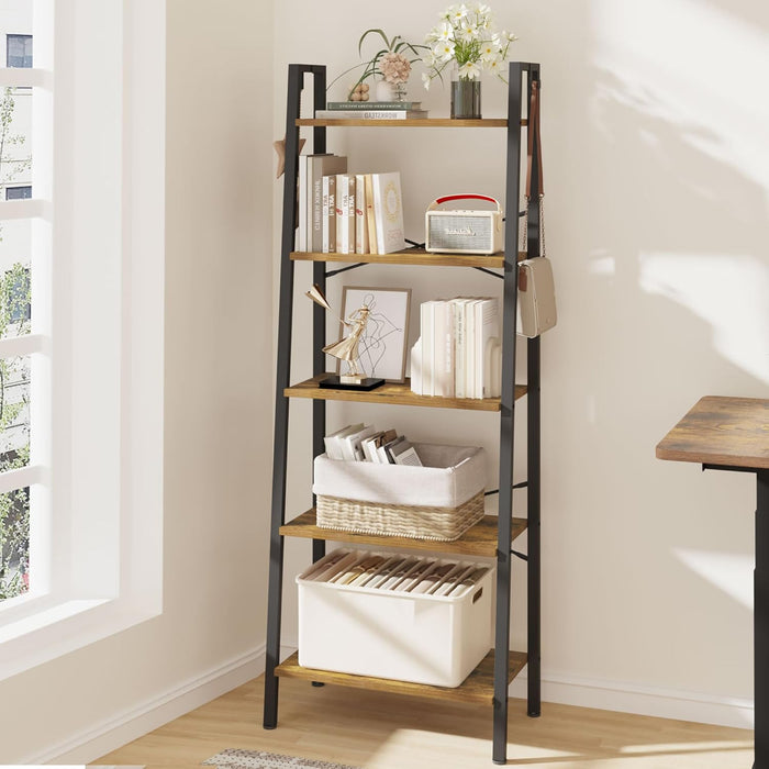 Ladder Shelf, Bookshelf, Freestanding Corner Storage Shelf | Bookcase with 2 Hooks for Office, Living Room, Kitchen, Bedroom, Industrial, 11.8"D X 23.6"W X 63"H, Rustic Brown BC19301B