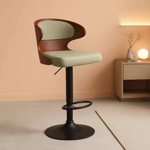 Swivel Bar Stools Set of 4,Adjustable Height Bentwood Barstools | Easy-Clean Faux Leather Upholstered Seat, Back & Footrest, Mid-Century Modern Bar Chair for Kitchen Island, Counter, Green