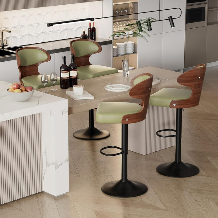 Swivel Bar Stools Set of 4,Adjustable Height Bentwood Barstools | Easy-Clean Faux Leather Upholstered Seat, Back & Footrest, Mid-Century Modern Bar Chair for Kitchen Island, Counter, Green