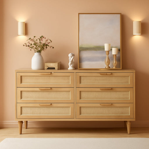 54'' Rattan Dresser for Bedroom 6 Drawers Dresser for Closet Wide Wooden Chest of Drawers with Solid-Wood Legs for Living Room Hallway, Natural