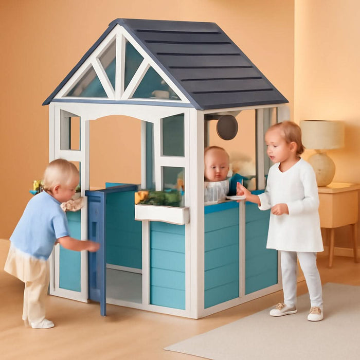 Wooden Playhouse, Outdoor Kids Playhouse with Sink, Stove, Cookware, Flowerpot Holders, Snack Bar, Cottage Play House for Backyard, Blue