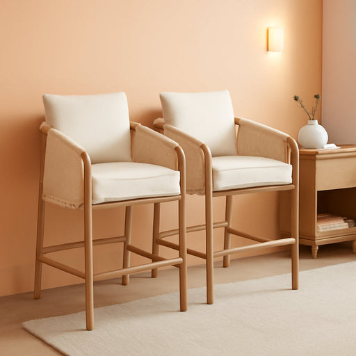 Paper Cord Braid Counter Height Barstools Set of 2, Fabric Upholstered Woven Rope Counter Stools with Back and Armrest for Kitchen Island Home Bar, 27" Seat Height, Cream