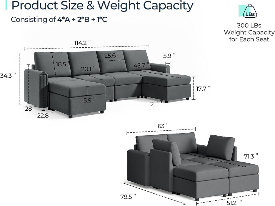 Modular Sectional Sofa, Convertible U Shaped Sofa Couch with Storage, Memory Foam, Modular Sectionals with Ottomans, 6 Seat Sofa Couch with Chaise for Living Room, Dark Grey