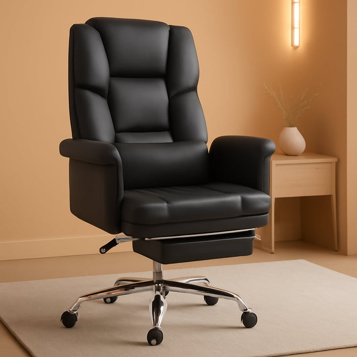 Executive Office Chair with Footrest and Lumbar Support, PU Leather Ergonomic Office Desk Chair, Reclining and Swivel Chair, Black