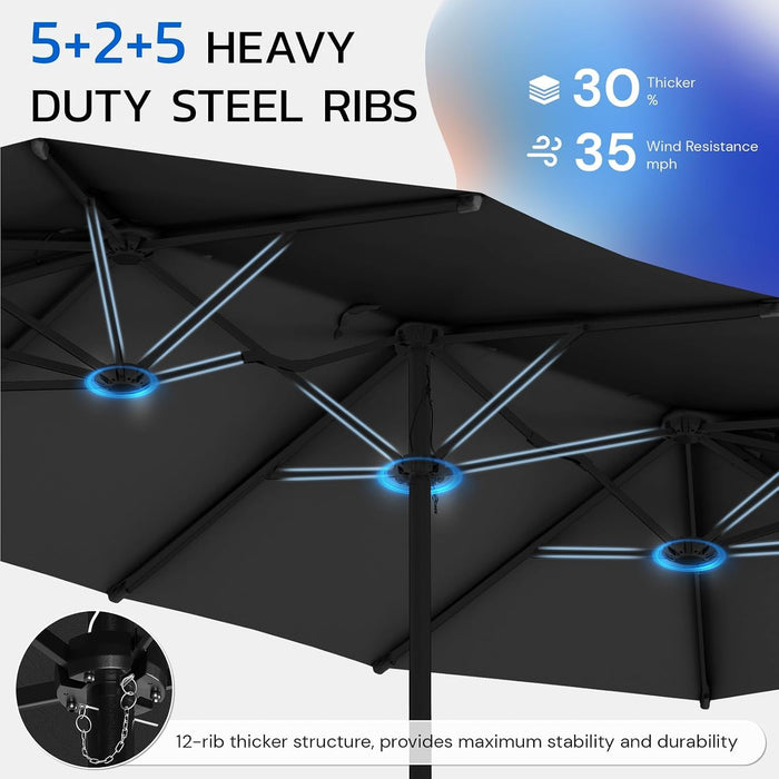 15X9Ft Large Patio Umbrella, Double-Sided Outdoor Market Rectangle Table 177''X104'' Umbrella with Crank Air Vents for Deck Pool Patio(1.9" Pole, Black)
