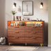 6 Drawers Dresser for Bedroom, 53.9" Wide Dressers with LED Lights and Charging Station, Curved Profile Design, Fluted Wood Drawers with Gold Handle, Modern Chest of Dressers for Living Room, Walnut