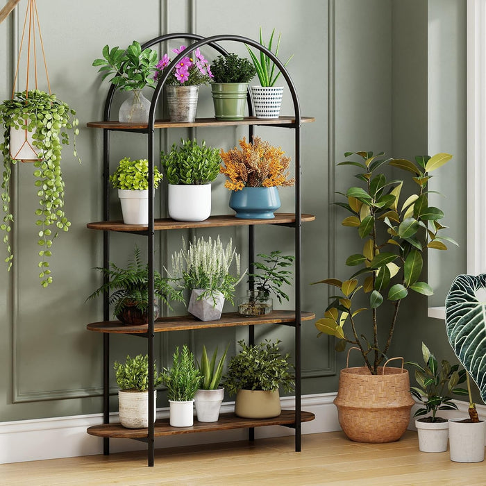 Arched Bookshelf, 4-Tier Industrial Open Bookcase with Sturdy Metal Frame, Freestanding Display Storage Organizer for Living Room, Home Office and Bedroom, Rustic Brown
