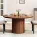 47 Inch round Dining Table for 4, Circle Kitchen Table with 2-Layer Storage Shelf and a Drawer, Modern Farmhouse Dinner Tables with Sliding Door and Wood Strip Base for Kitchen, Living Room (Walnut)