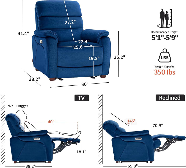Zero Wall Hugger Power Recliner Chair for Adult ST257 (Navy Blue)