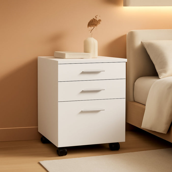 White Hollow-Core 3 Drawer File Cabinet on Castors