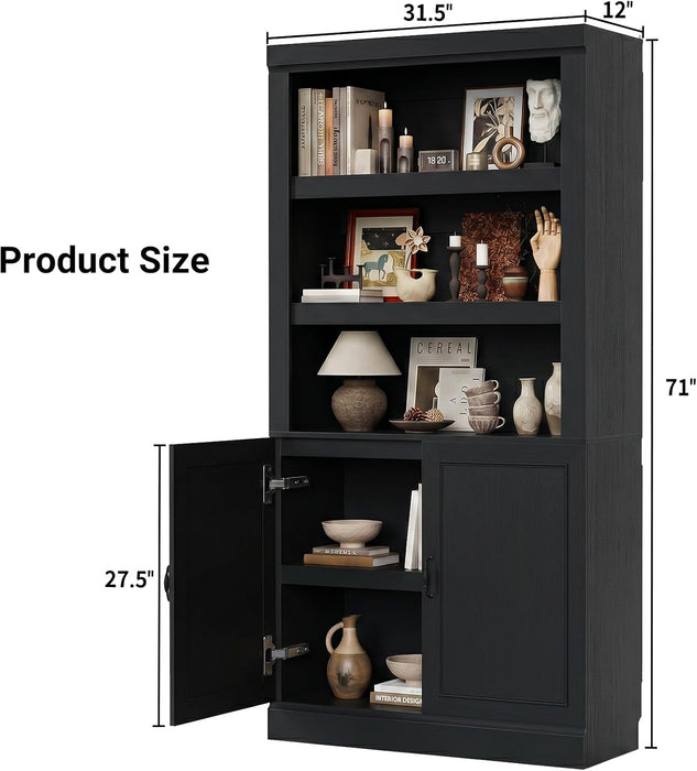 71” Tall Bookshelf and Bookcase with Doors and Adjustable Shelves | 5-Tier Storage Book Cases, Thick Wood and Sturdy, Industrial Display Cabinet for Living Room, Home Office, Bedroom, Black