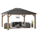 SUNJOY Hardtop Gazebo 13 X 15 Ft. Standard Cedar Framed Wood Gazebo, Outdoor Patio Gazebo with Dark Brown Steel and Polycarbonate Hip Roof and Ceiling Hook, Dark Brown Roof + Dark Wood Frame