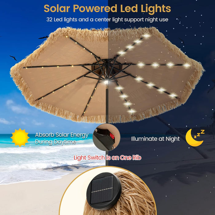 9 Ft Thatched Patio Umbrella, 2 Tier Hawaiian Style Grass Beach Umbrella with 32 Led Lights, Center Light, Solar Tiki Umbrella with 8 Ribs, Tilt Adjustment, Manual Crank for Backyard Pool