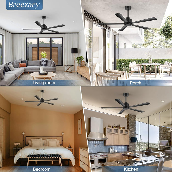 52 Inch 5 Blade Ceiling Fans without Light Remote Control, Quiet Reversible DC Motor, 5 Black Blades, 6-Speed, Industrial Ceiling Fan for Home Kitchen (Black)