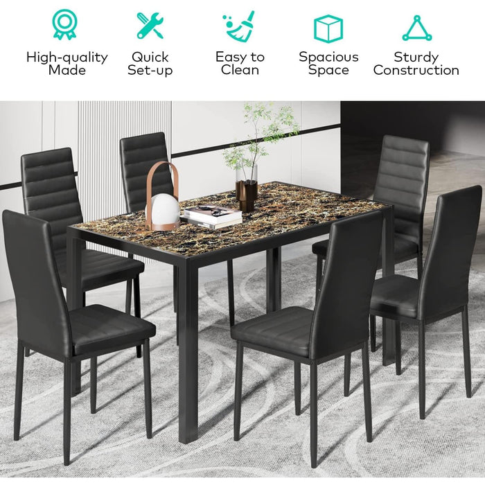 7-Piece Glass Dining Table Set for 6, PU Leather Chairs