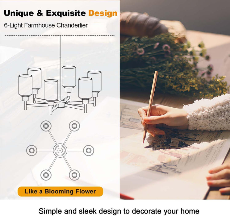 Brushed Gold Chandeliers, 6 Light Farmhouse Chandelier for Dining Room Light Fixtures over Table, Hanging Light Fixture with Clear Glass Shade for Kitchen Island Living Room Bedroom