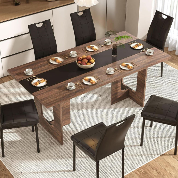 7 Pieces Dining Table & Chairs Set for 4-8 People, 71 Inch Kitchen Table with 6 Chairs, Rectangle Dining Table with Wooden Legs for Dining Room, Living Room, Brown