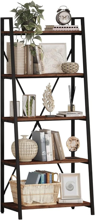 Ladder Shelf Bookcase, 5-Tier Industrial Ladder Bookshelf, Tall Living Room Shelves, Wood and Metal Leaning Shelf for Home Office, Kitchen, Bedroom, Balcony (Rustic Oak)