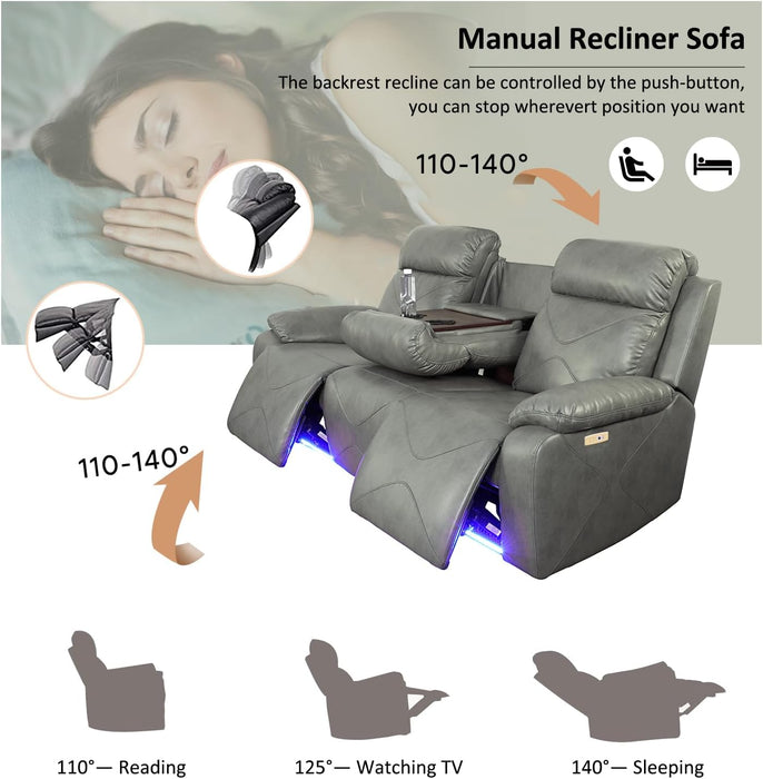 Power Leather Recliner Sofa Sets, 2 Pieces Living Room Furniture Sets with LED Lights, Grey Reclining Sofa Sets with USB Port for House/Office/Rv(A-Grey, Sofa+Loveseat)