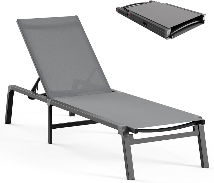 Foldable Outdoor Lounge Chair, No Assembly Patio Chaise Lounge Outdoor with 5-Positions, Aluminum Pool Lounge Chair with Portable Design for Pool, Deck, Beach, Backyard, Gray
