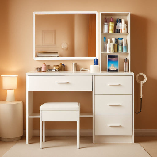 Vanity Desk with Mirror and Lights, 4 Drawers & Benches Vanity Desk Set, 3 Color Lighting Modes Adjustable Brightness Vanity for Bedroom Makeup Table