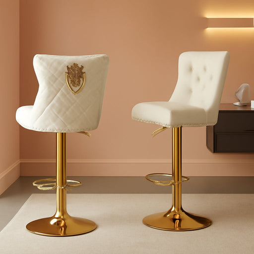 Swivel Gold Bar Stools Set of 2, Velvet Adjustable Barstools with Tufted Back, Nailheads Trim and Pull Ring, Counter Height Upholstered Bar Chairs for Kitchen Island Restaurant Home (Cream-Gold)