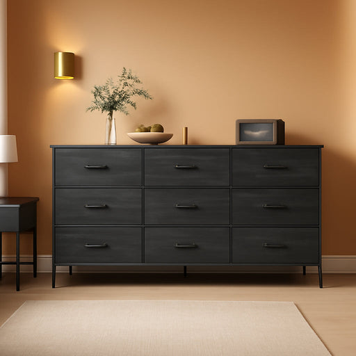 9 Drawer Dresser, 47 Inch Dresser TV Stand for 50, 55 Inch TV, Entertainment Center with Drawers, Fabric Dresser Chest of Drawer for Bedroom, Closet, Charcoal Black Wood Grain Print