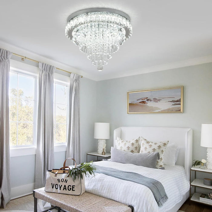 Modern Crystal Chandelier round LED Crystal Ceiling Light Fixtures Flush Mount Chandelier Ceiling Lamp for Living Room Bedrooms Dining Room (6500K Cool White)