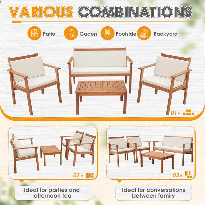 4 Piece Patio Bistro Set Patio Furniture Outdoor Chat Table Chair Set with Water Resistant Cushions and Coffee Table for Beach Backyard Garden,Acacia Wood