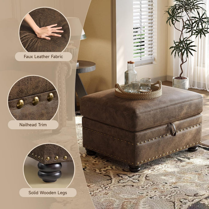 Faux Leather Ottoman with Storage, Rectangle Ottoman Coffee Table with Nailhead Trim, Solid Wood Legs, Oversized Upholstered Footrest Stool for Living Room, Bedroom, Apartment, Brown
