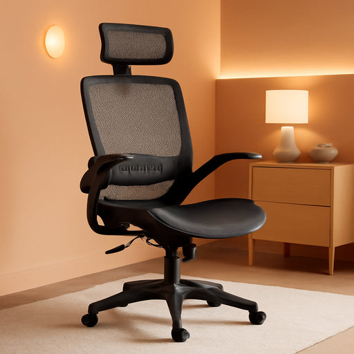 Ergonomic High-Back Desk Chair, Comfortable Flip-Up Armrests, Contoured Mesh Seat, Swivel, Black, 25.5"D X 26.25"W X 49.25"H