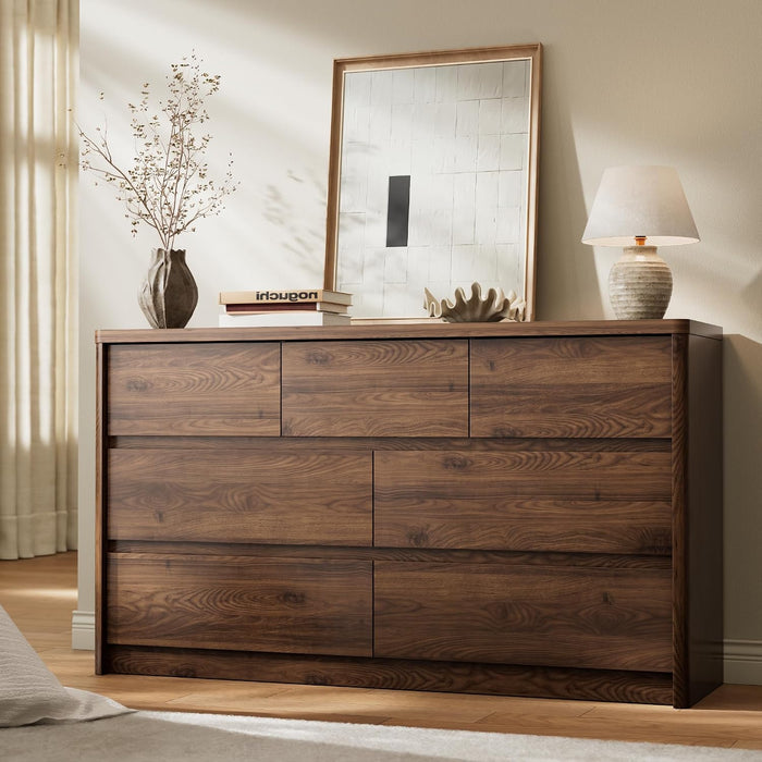 Modern 7 Drawers Dresser for Bedroom, 55" Wide Bedroom Dressers & Chest of Drawers W/Curved Profile, Mid Century Wood Dressers with Handleless Design, Large Dresser for Bedroom Living Room